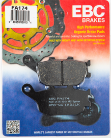 EBC Motorcycle Brakes Brake Pads 15-174, durable brake pads for motorcycles, shown in a close-up image.