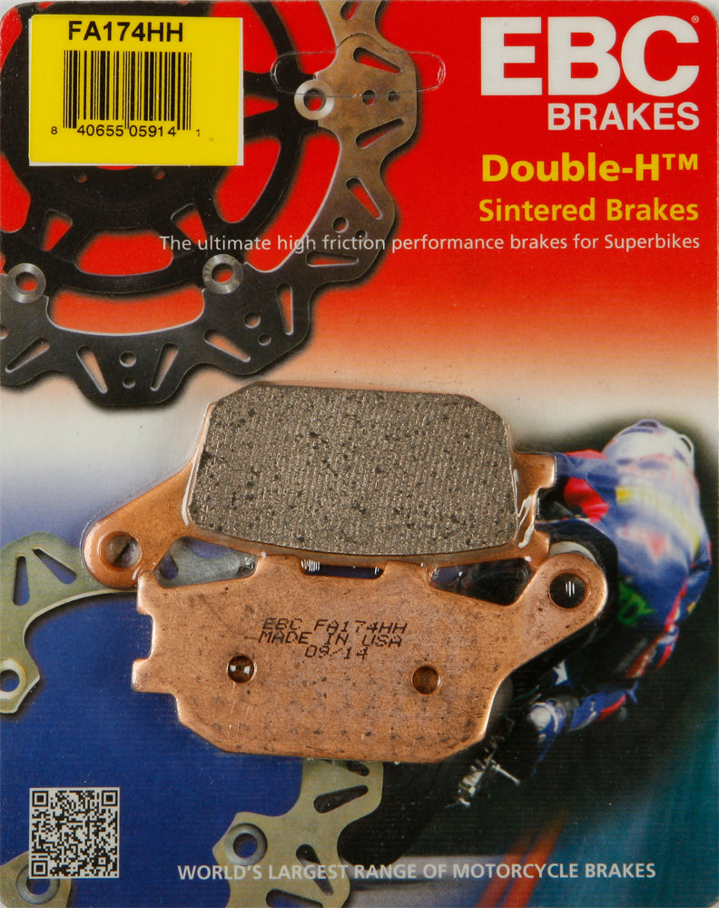 EBC Motorcycle Brakes brake pads 15-174H showing black friction material and metal backing for motorcycle braking system.