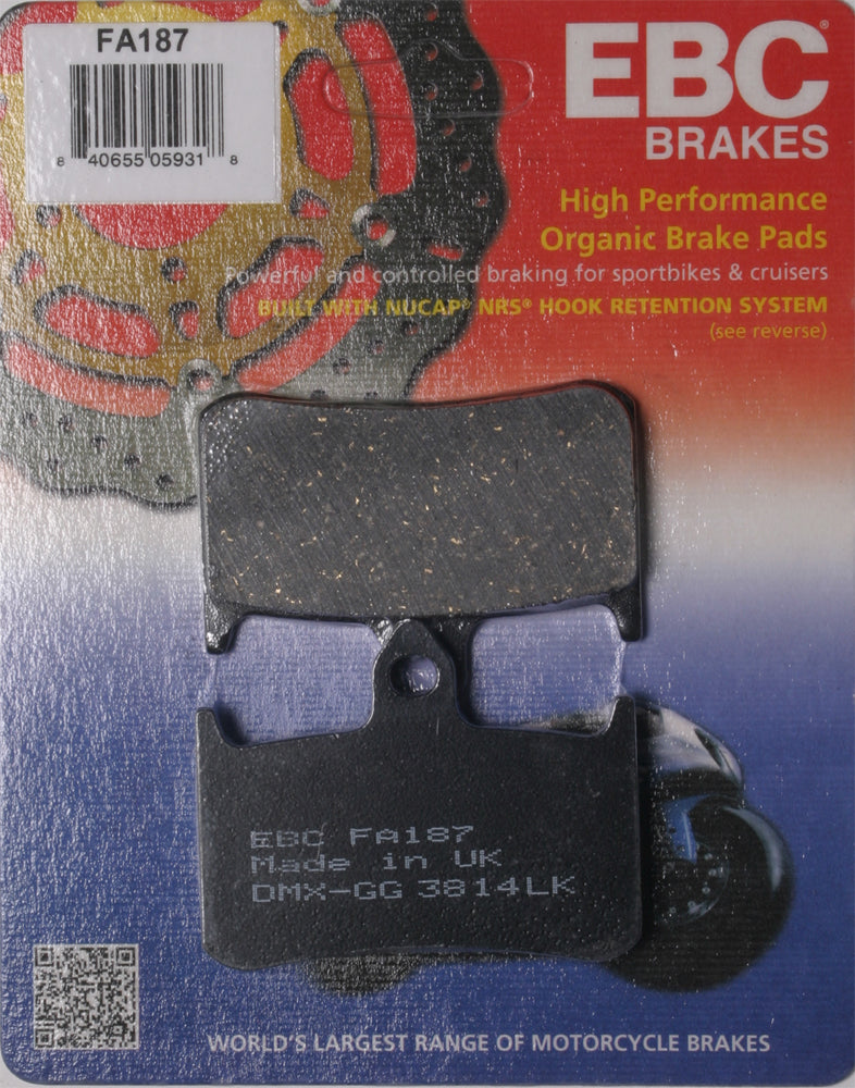 EBC Motorcycle Brakes brake pads 15-187 set with metal backing plates, designed for motorcycle braking systems.