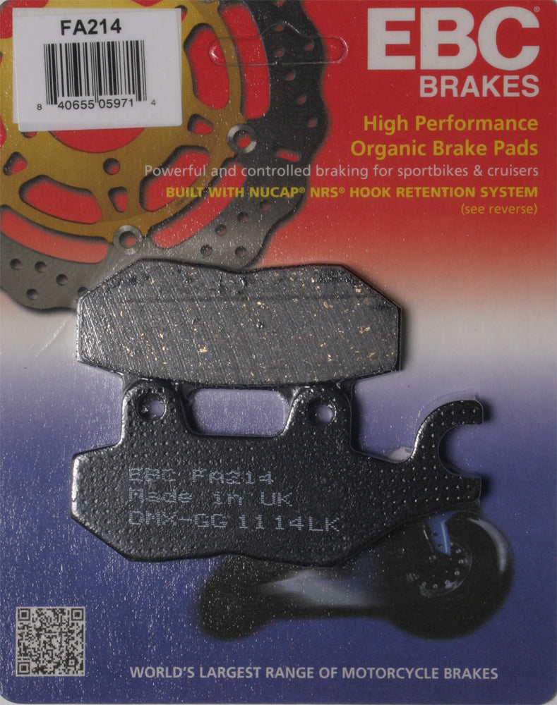 EBC Motorcycle Brakes brake pads 15-214 set with metal backing plates and friction material for enhanced stopping power.