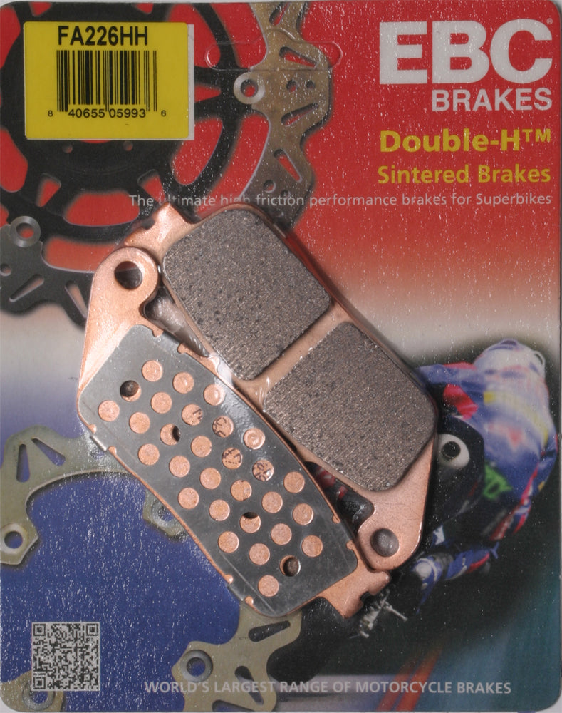 EBC Motorcycle Brakes Brake Pads 15-226H set with metal backing plates, designed for motorcycle braking systems.