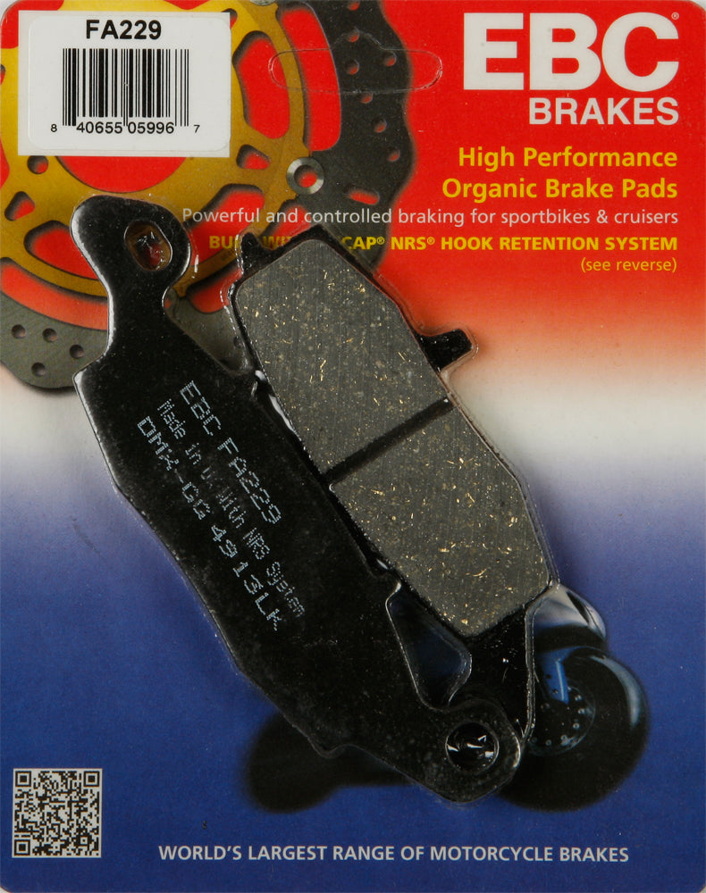 EBC Motorcycle Brakes brake pads 15-229 set with metal backing plates, designed for motorcycle braking systems.