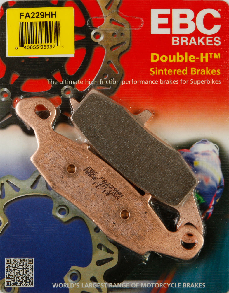 EBC Motorcycle Brakes brake pads 15-229H set showing the black friction material and metal backing plates for motorcycle braking.