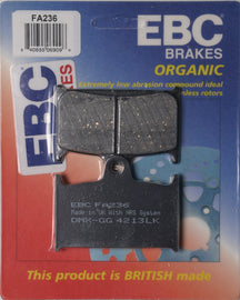 EBC Motorcycle Brakes Brake Pads 15-236, durable brake pads for motorcycles, shown in a close-up view.