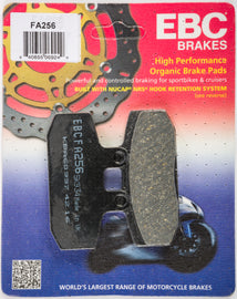 EBC Motorcycle Brakes Brake Pads 15-256 showing black friction material and metal backing for motorcycle braking systems