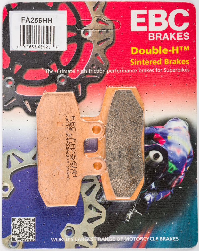 EBC Motorcycle Brakes brake pads 15-256H installed on motorcycle brake caliper, showing durable friction material and metal backing plate.