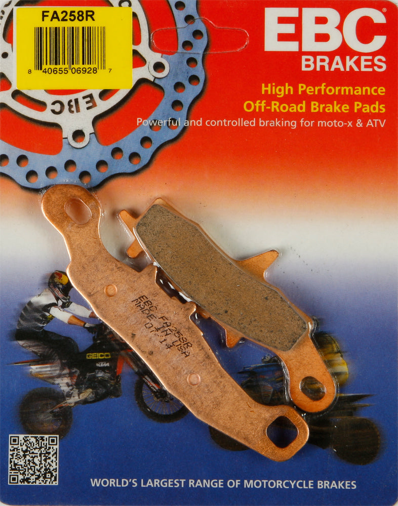 EBC Motorcycle Brakes brake pads 15-258R set with black friction material and metal backing plates for enhanced stopping power.