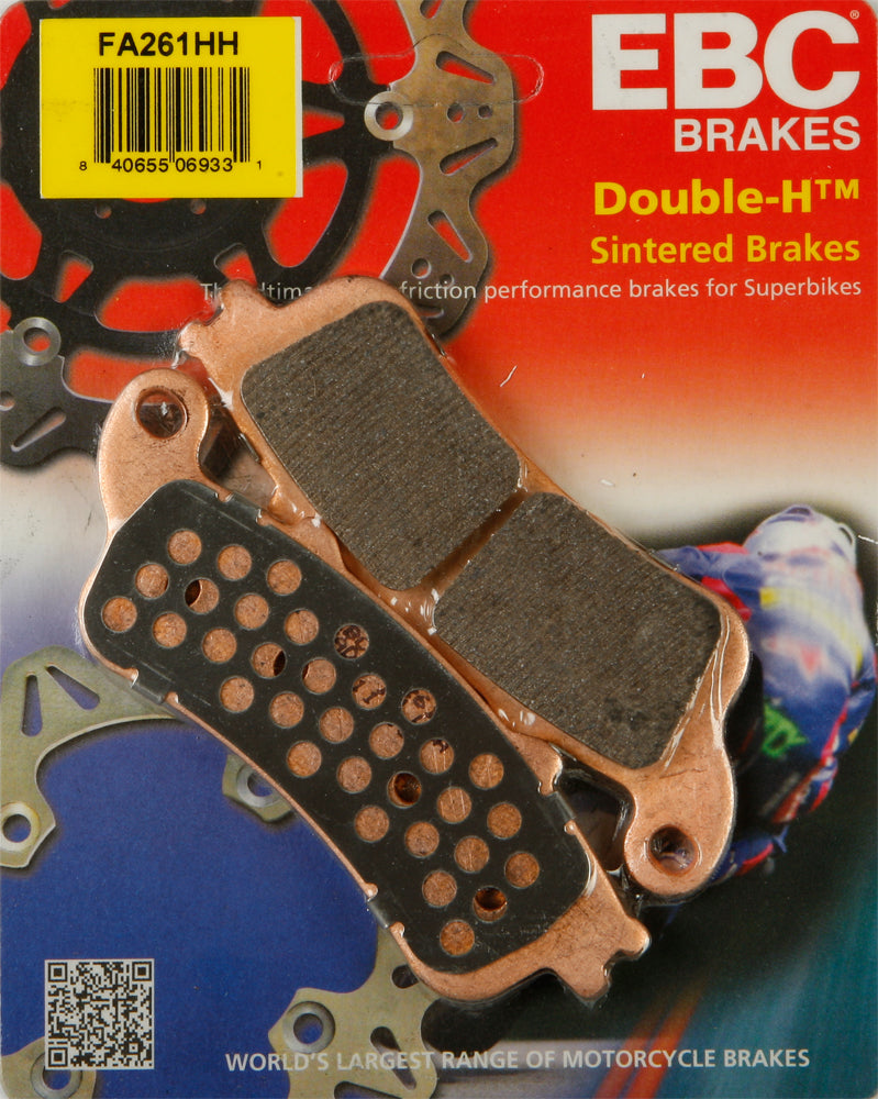 EBC Motorcycle Brakes brake pads 15-261H with metal backing plates, shown in a close-up image for motorcycle brake replacement.