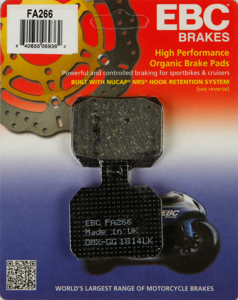 EBC Motorcycle Brakes Brake Pads 15-266 showing metal backing and friction material for motorcycle braking system.