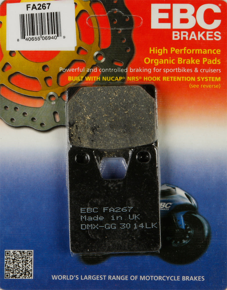 EBC Motorcycle Brakes Brake Pads 15-267 showing metallic brake pad with friction surface and mounting hardware.