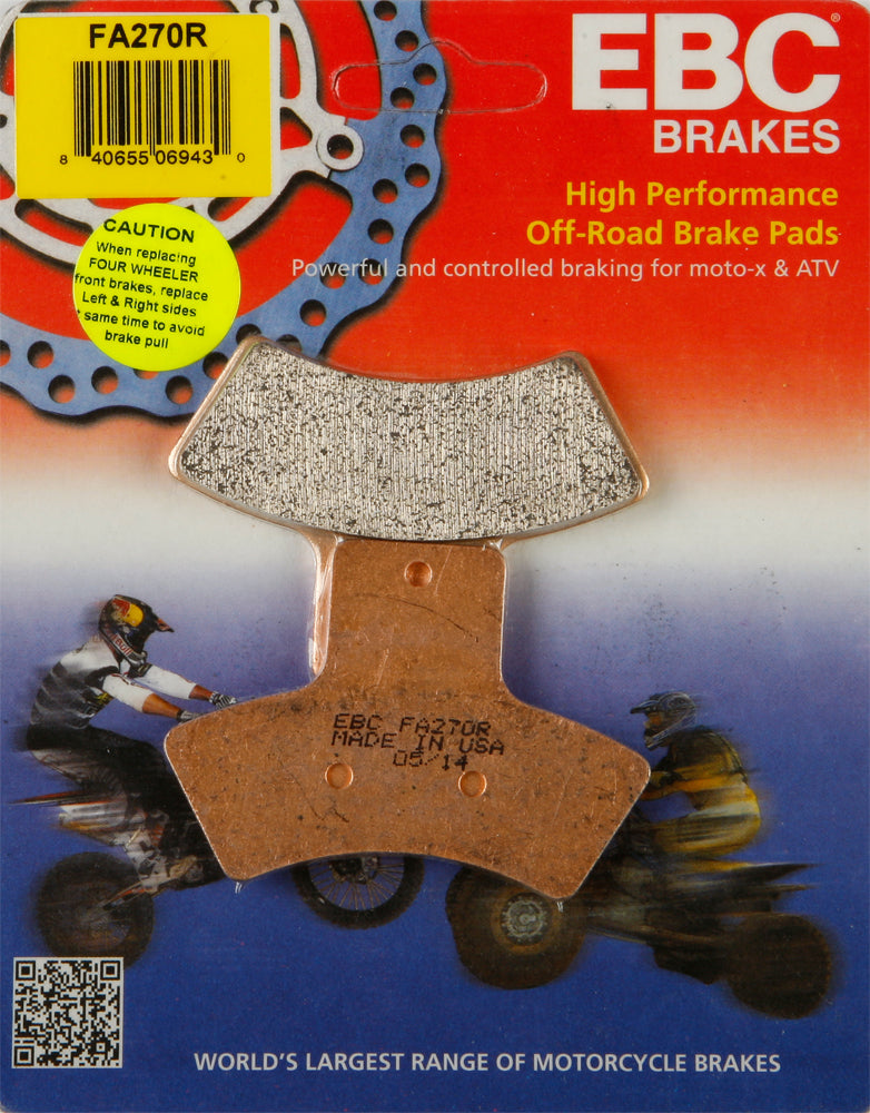 EBC Motorcycle Brakes Brake Pads 15-270R showing metallic brake pad with friction material for motorcycle braking systems
