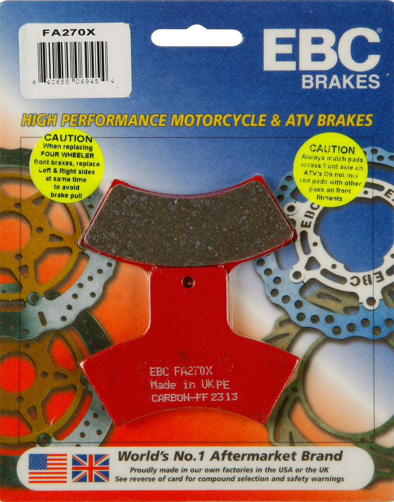 EBC Motorcycle Brakes Brake Pads 15-270X, showing close-up of black brake pad with metal backing for motorcycle braking system.