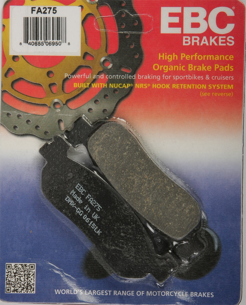 EBC Motorcycle Brakes Brake Pads 15-275 set showing new brake pad components for motorcycle braking system