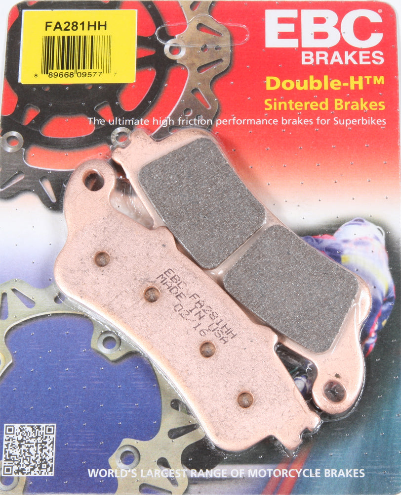 EBC Motorcycle Brakes Brake Pads 15-281H showing close-up of black brake pad with metal backing plate