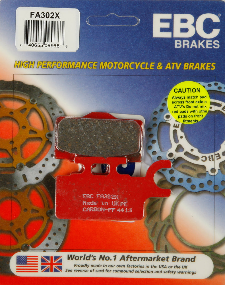 EBC Motorcycle Brakes brake pads 15-302X set with black friction material and metal backing plates for motorcycle braking systems.