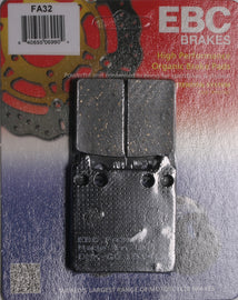 EBC Motorcycle Brakes brake pads 15-32 set, showing black friction material and metal backing plates for enhanced stopping power.
