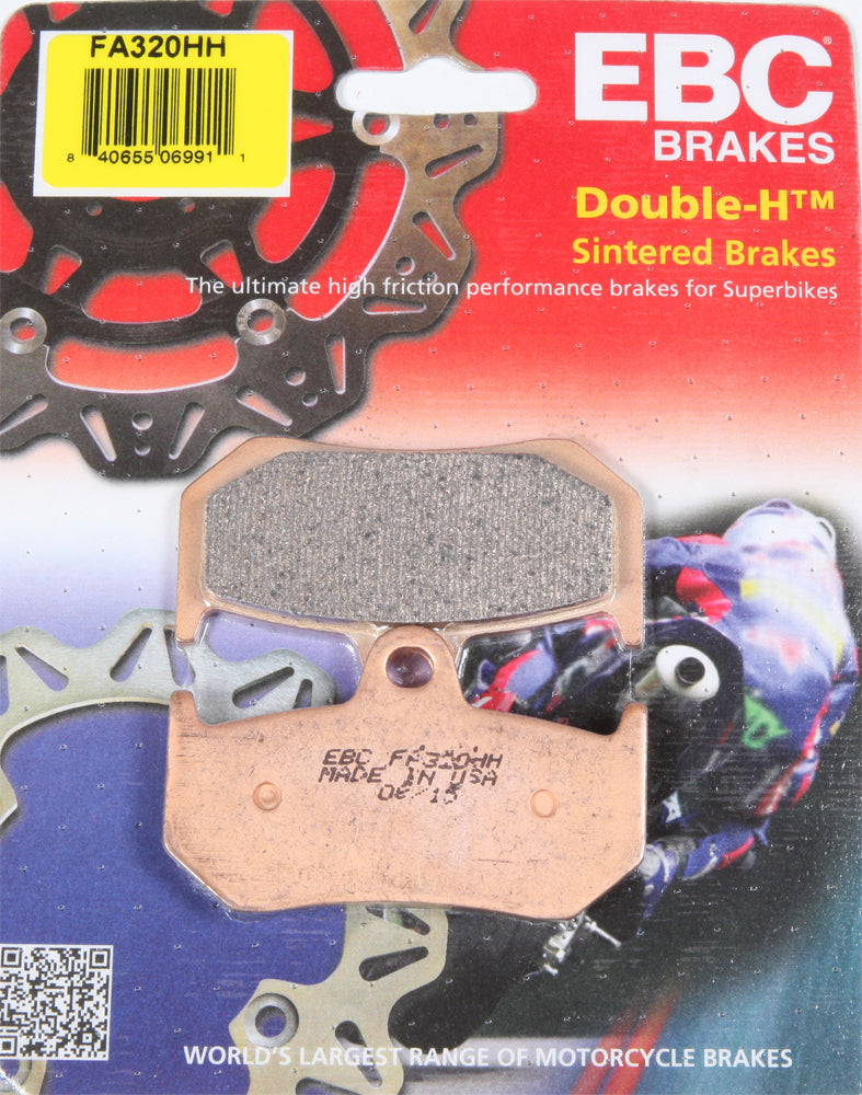 EBC Motorcycle Brakes brake pads 15-320H set, showing black friction material and metal backing plates for motorcycle braking system.