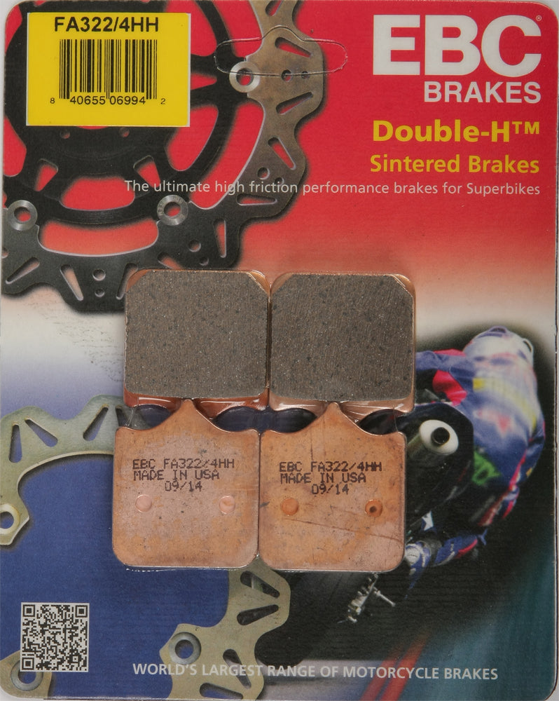 EBC Motorcycle Brakes Brake Pads 15-322/4H showing black brake pad with metal backing plate for motorcycle braking system