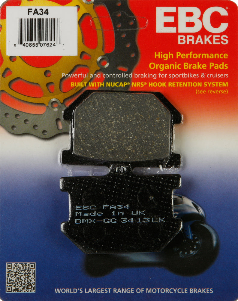 EBC Motorcycle Brakes brake pads with metal backing plates and friction material, designed for motorcycle braking systems.