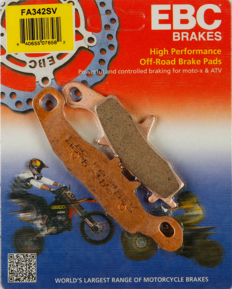 EBC Motorcycle Brakes brake pads 15-342S installed on motorcycle brake caliper, showing durable metal and friction material.