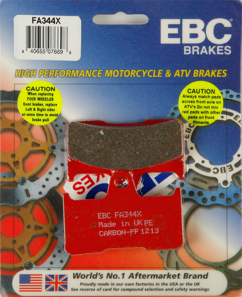 EBC Motorcycle Brakes brake pads 15-344X showing the black brake pad with metal backing plate and product details.