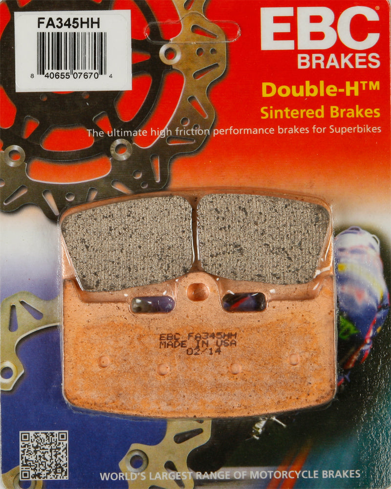 EBC Motorcycle Brakes brake pads 15-345H set showing metal backing plates and friction material for motorcycle braking system.