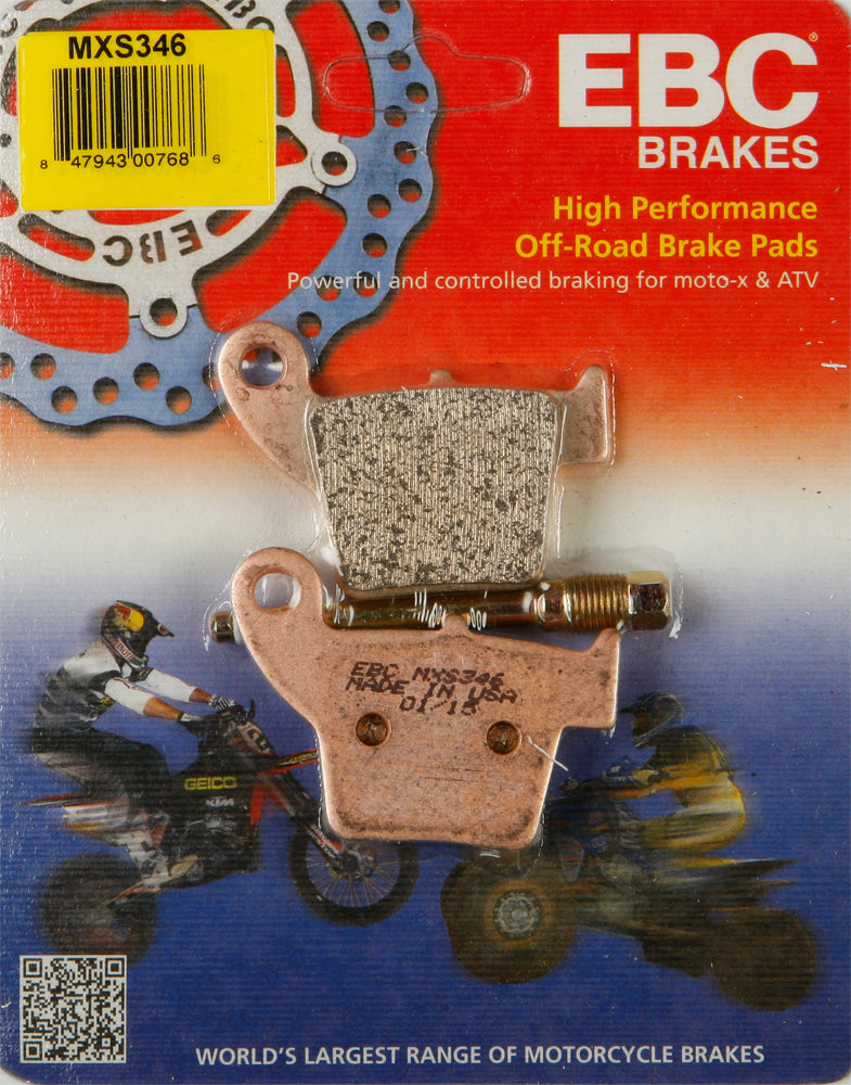 EBC Motorcycle Brakes brake pads 15-346MX set showing black brake pad material with metal backing plates for motorcycles.