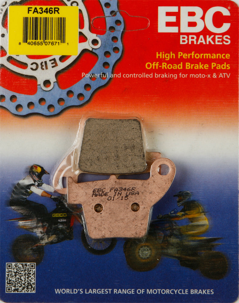 EBC Motorcycle Brakes Brake Pads 15-346R showing black ceramic brake pads with metal backing plates for motorcycle braking systems.