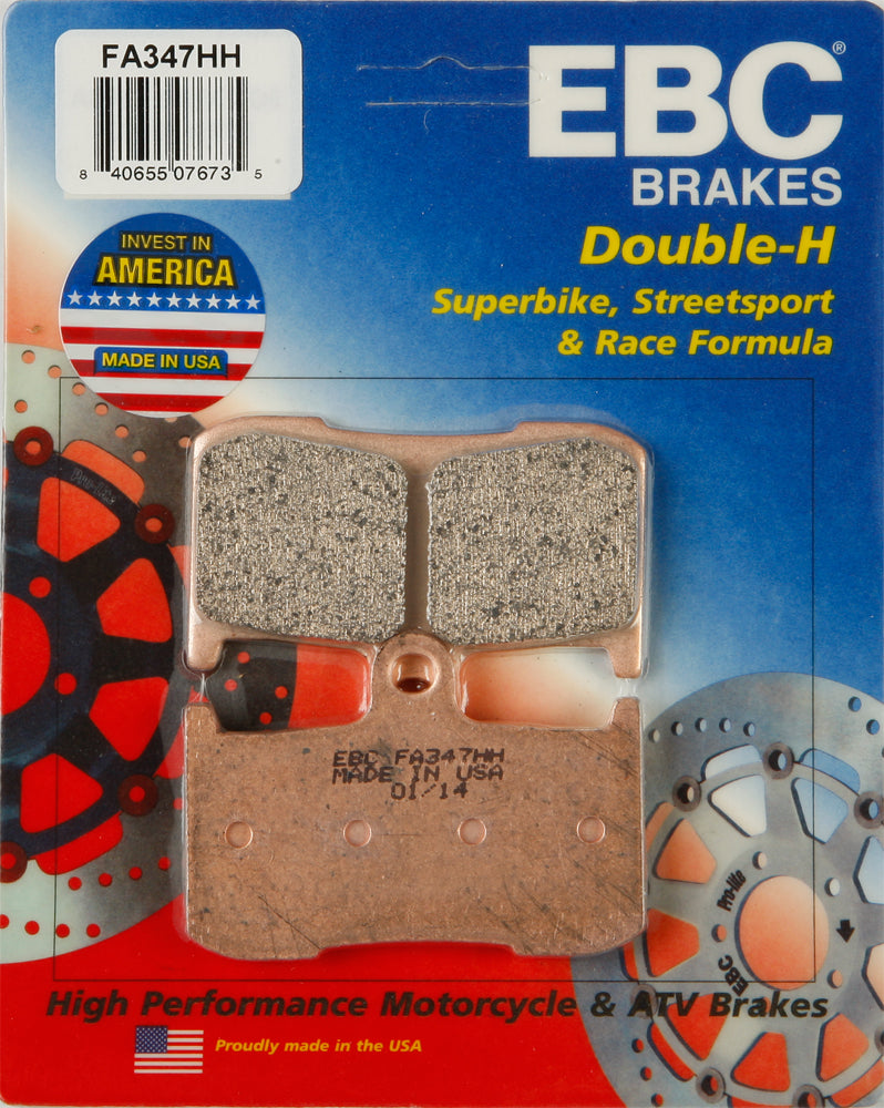 EBC Motorcycle Brakes brake pads 15-347H, showing new brake pads with metal backing plates and friction material for motorcycle braking system