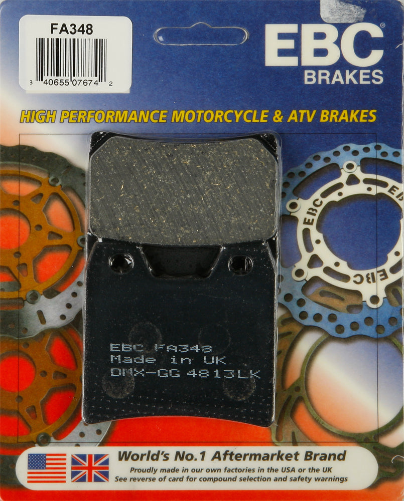 EBC Motorcycle Brakes brake pads 15-348, showing black metal backing plates with friction material, designed for motorcycle braking systems.