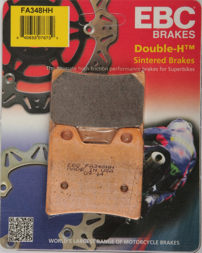 EBC Motorcycle Brakes brake pads model 15-348H with metal backing and friction material for motorcycle braking system.