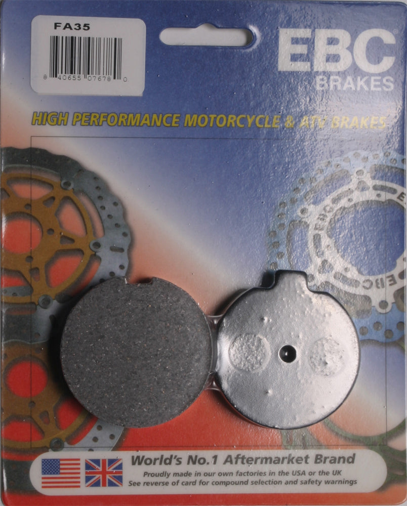 EBC Motorcycle Brakes brake pads set showing black friction material and metal backing plates for motorcycle braking systems.