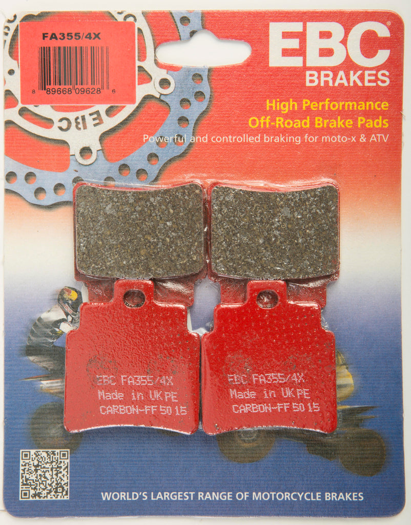 EBC Motorcycle Brakes brake pads 15-355/4X showing black friction material and metal backing plates for motorcycle braking systems.