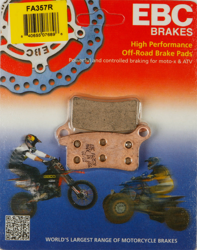 EBC Motorcycle Brakes brake pads 15-357R set showing black friction material and metal backing plates for motorcycle braking systems.