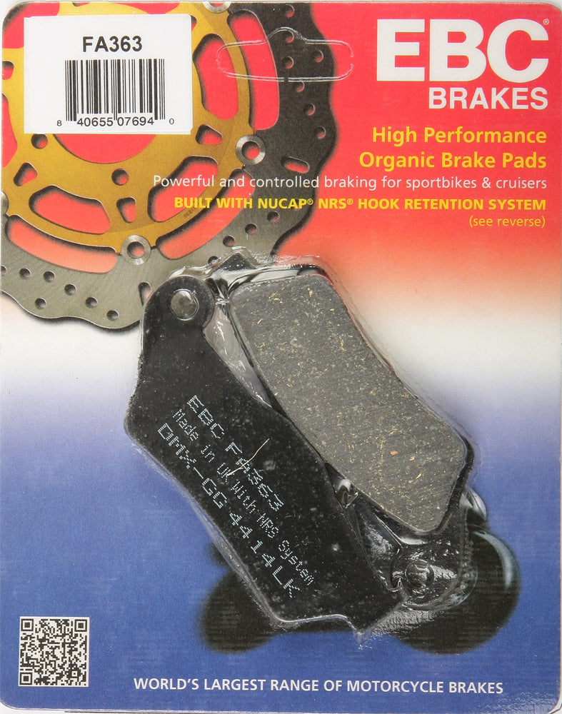 EBC Motorcycle Brakes brake pads 15-363 installed on a motorcycle, showing the brake pad design and mounting hardware.