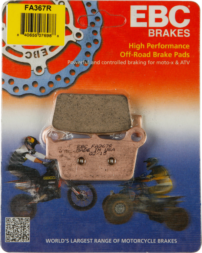 EBC Motorcycle Brakes Brake Pads 15-367R with black friction material and metal backing plate, designed for motorcycle braking systems.