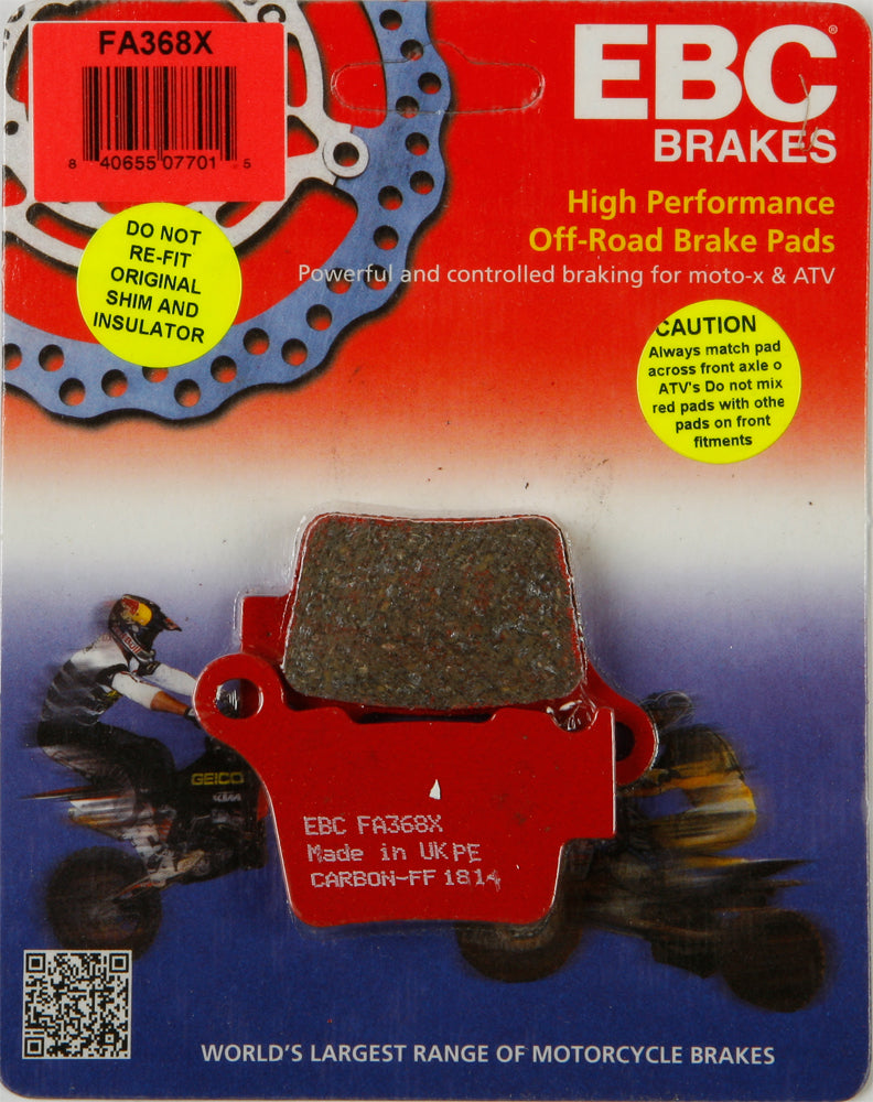 EBC Motorcycle Brakes Brake Pads 15-368X showing metallic brake pad with friction material for motorcycle braking system