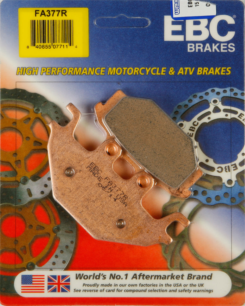 EBC Motorcycle Brakes brake pads 15-377R for motorcycle braking system, showing the black brake pad with metal backing plate.