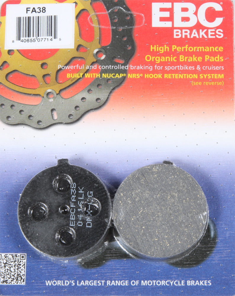 EBC Motorcycle Brakes brake pads for motorcycle braking system, showing black friction material and mounting holes.