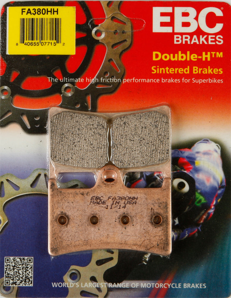 EBC Motorcycle Brakes Brake Pads 15-380H, high-performance front brake pads for motorcycles, with metal backing plates and friction material.