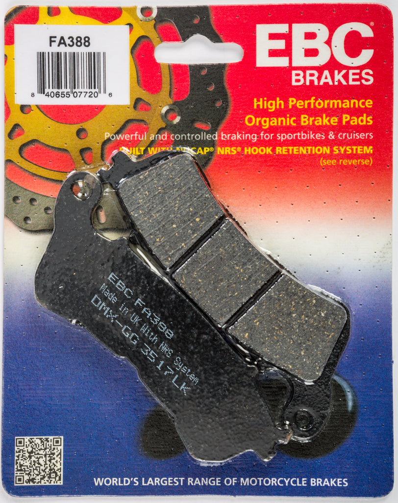 EBC Motorcycle Brakes Brake Pads 15-388 with metallic friction material and mounting hardware, designed for motorcycle braking systems.