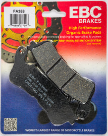EBC Motorcycle Brakes Brake Pads 15-388 showing close-up of black brake pads with branding and product details.