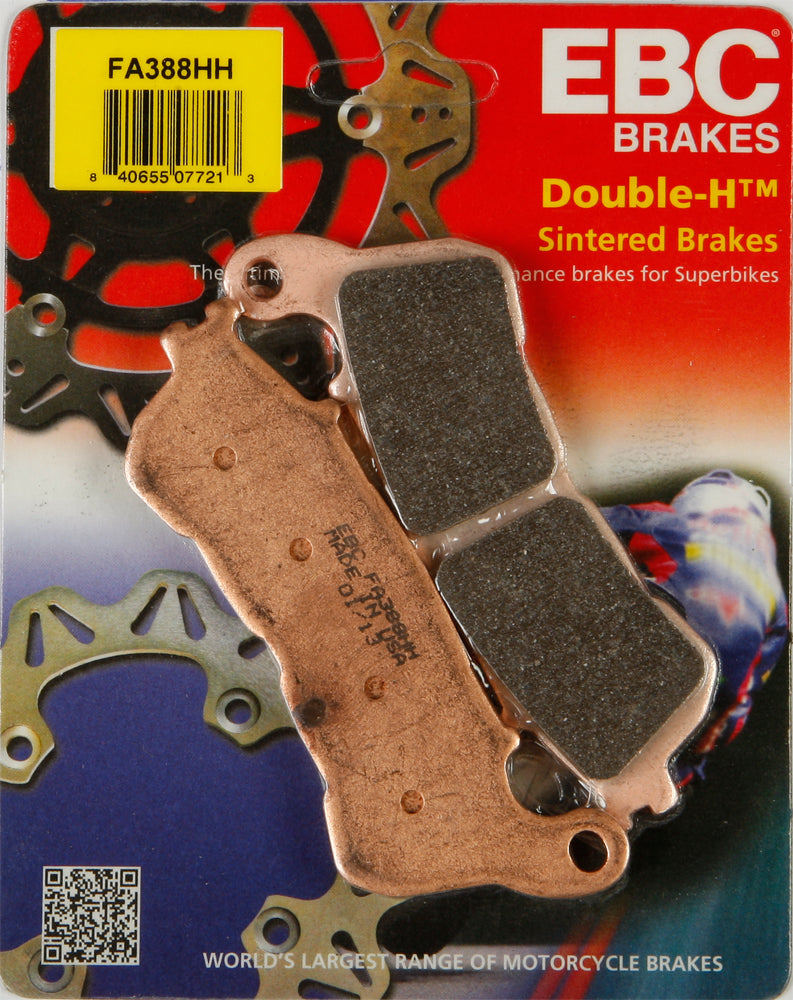 EBC Motorcycle Brakes brake pads 15-388H with metal backing plates, designed for high-performance motorcycle braking systems.