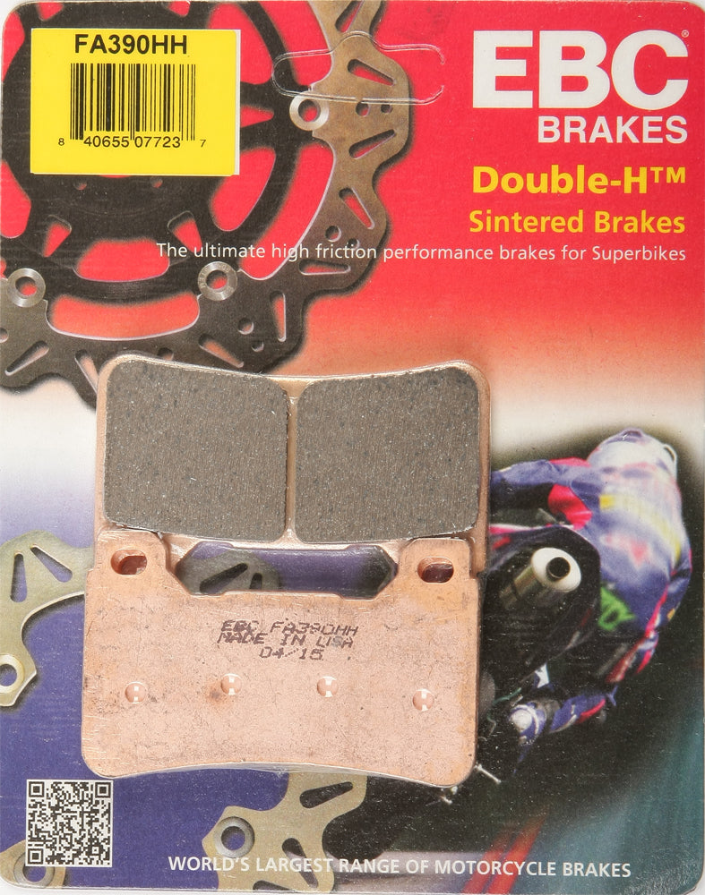 EBC Motorcycle Brakes brake pads 15-390H with metal backing plates and friction material for motorcycle braking systems.