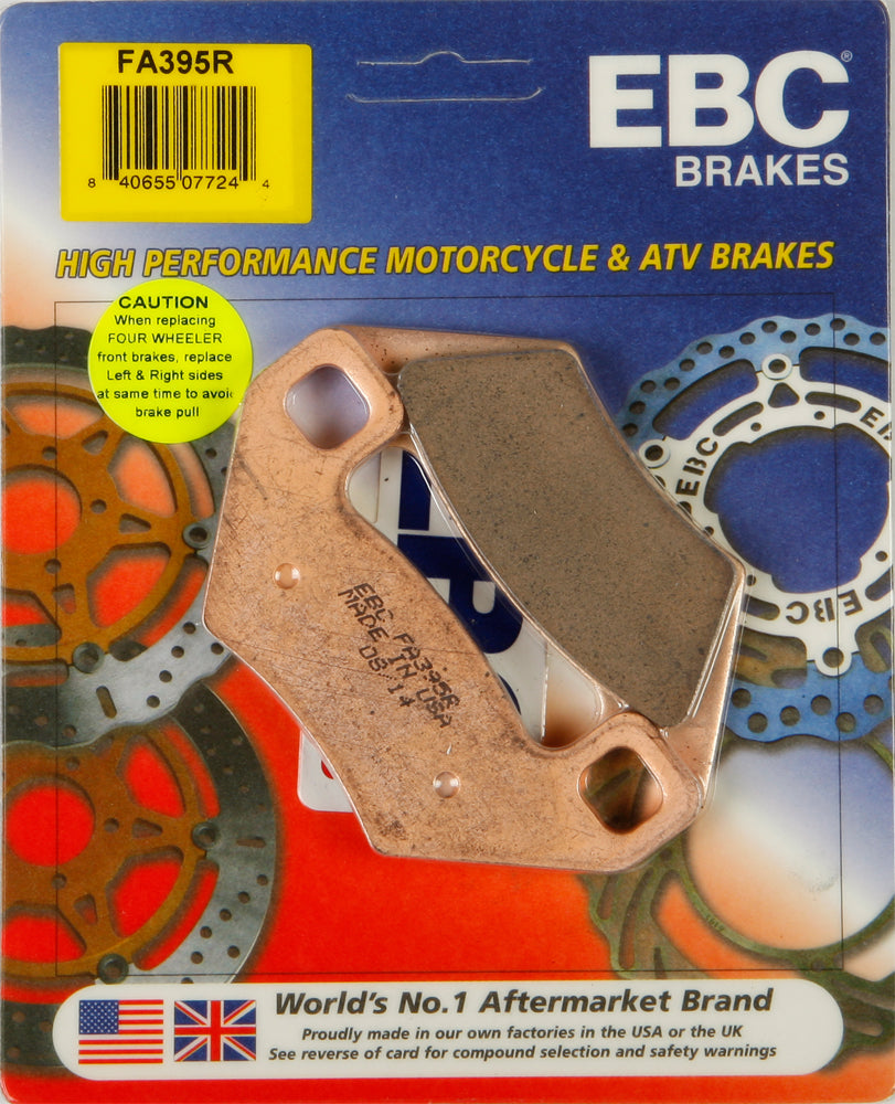 EBC Motorcycle Brakes Brake Pads 15-395R showing close-up of black brake pad with metal backing plate for motorcycle braking system.