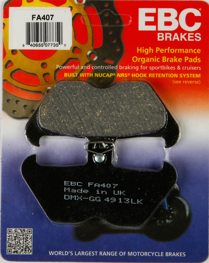 EBC Motorcycle Brakes brake pads 15-407 set shown in black with metal backing plates for motorcycle braking systems.