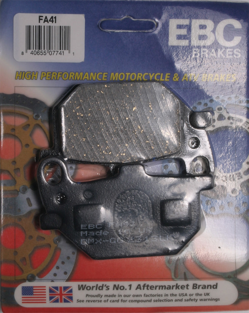 EBC Motorcycle Brakes brake pads set for motorcycle, showing metal backing plates and friction material for effective stopping power.