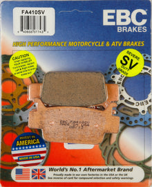 EBC Motorcycle Brakes Brake Pads 15-410S shown, durable brake pads for motorcycle stopping power, black and metallic components