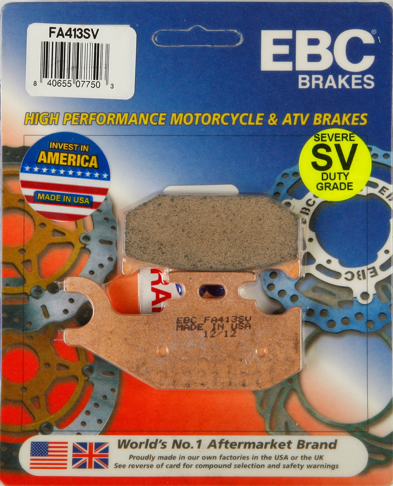 EBC Motorcycle Brakes brake pads 15-413S with black friction material and metal backing plates for motorcycle stopping power.