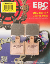 EBC Motorcycle Brakes brake pads 15-417/4H set showing the black friction material and metal backing plates for motorcycle braking systems.